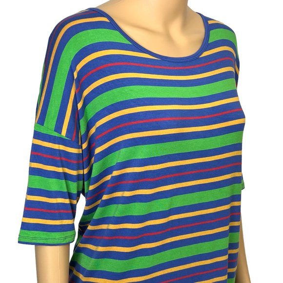 LuLaRoe Women's M Striped Green Blue Yellow Short Sleeve Irma Tunic Blouse Shirt - Picture 5 of 11